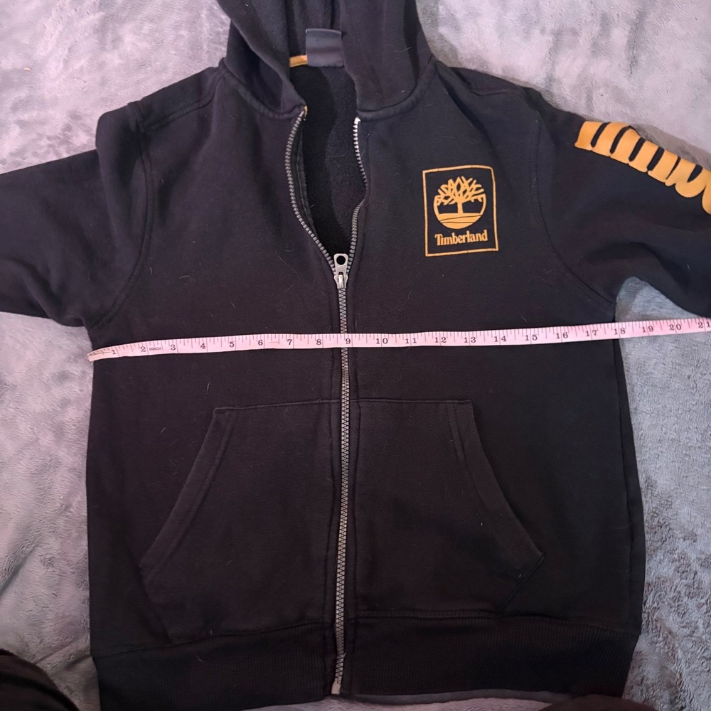 Timberland Black Zip Up Hoodie Logo Sleeve Graphic Fleece Lined Kids M 10 12 - Picture 5 of 14